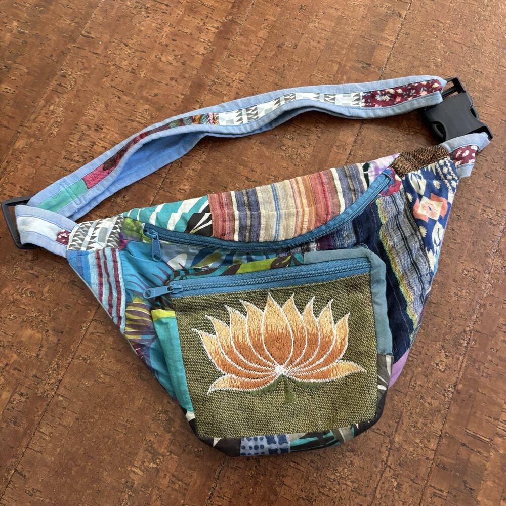 Multicolor Patchwork Lotus Fanny Pack Mountain Festival Zip Adjustable Strap Bag